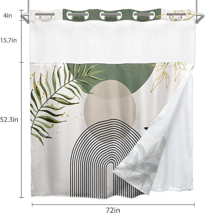 Sage Green Boho No Hooks Shower Curtain with Snap in Liner 72Wx72H Modern Mid Century Abstract Gold Leaves Minimalist Geometric Bathroom Decor Neutral Aesthetic Bath Curtain Fabric Polyester