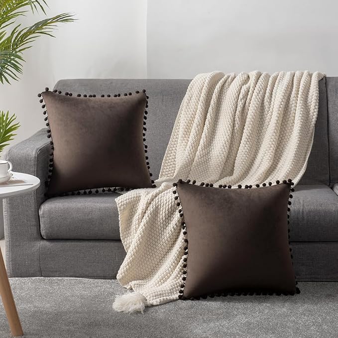 DEZENE Decorative Pillow Cases 24x24 Brown: 2 Pack Cozy Soft Pom-poms Velvet Square Throw Pillow Covers for Farmhouse Home Decor