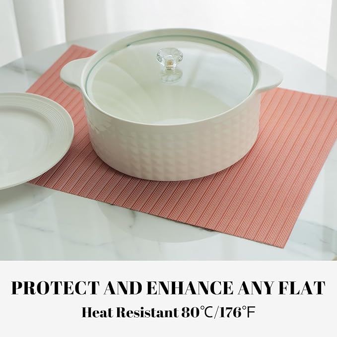 Placemats Set of 12 Vinyl/Plastic Woven Place Mats for Kitchen Table Indoor/Outdoor Washable Placemat Wipeable Dining Table Mats (Red Stripes,12)