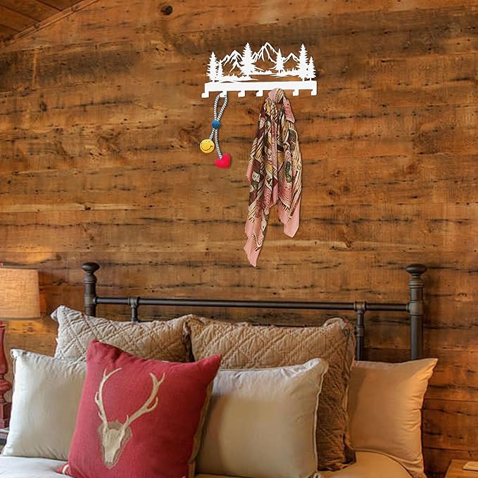 Key Holder Wall Mounted Key Hooks, White Metal Key Rack Hooks, The Great Grove, Mountain Theme Wall Decoration Hooks, with 7 Hooks, Applicable to Front Doors, Lobby,Corridor, Offices (12 ")