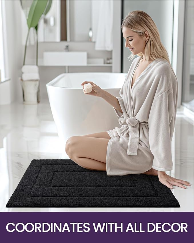 DEXI Bathroom Rug 36x24, Non Slip Washable Bath Mat for Shower Floor, Absorbent Soft Bathmat with Rubber Backing, Quick Dry Microfiber Carpet, Black