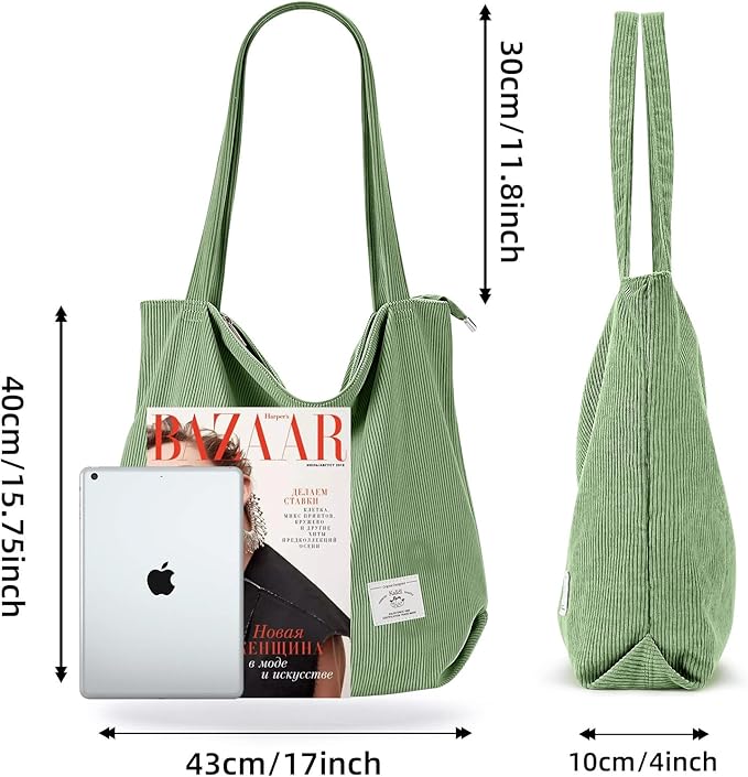 KALIDI Women Corduroy Tote Bag Zipper Casual Tote's Handbag Big Capacity Shoulder Bag with Pockets