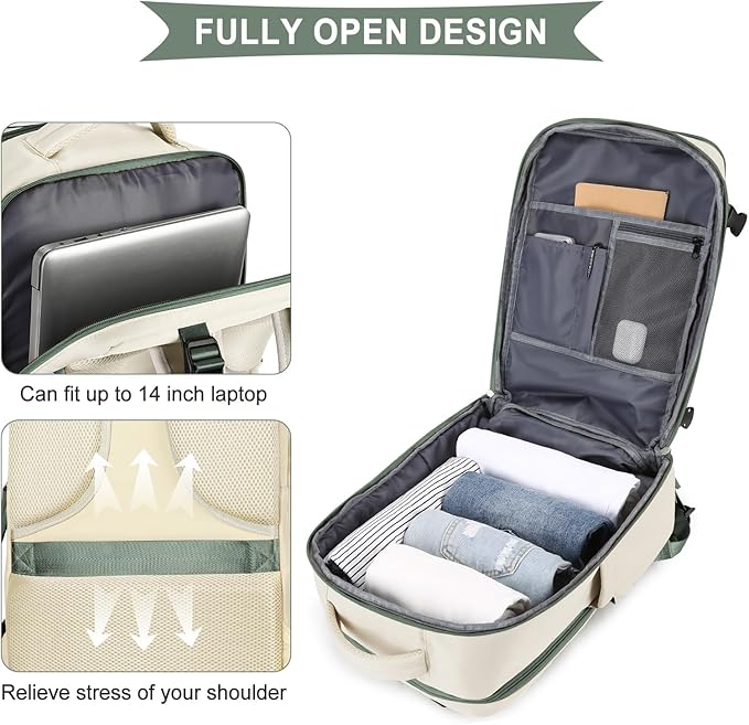 coowoz Large Travel Backpack for Women Men,Carry On Backpack Flight Approved,Hiking Backpack Outdoor Rucksack Casual Daypack Fit 15.6 Inch Laptop Shoes Compartment White Green L