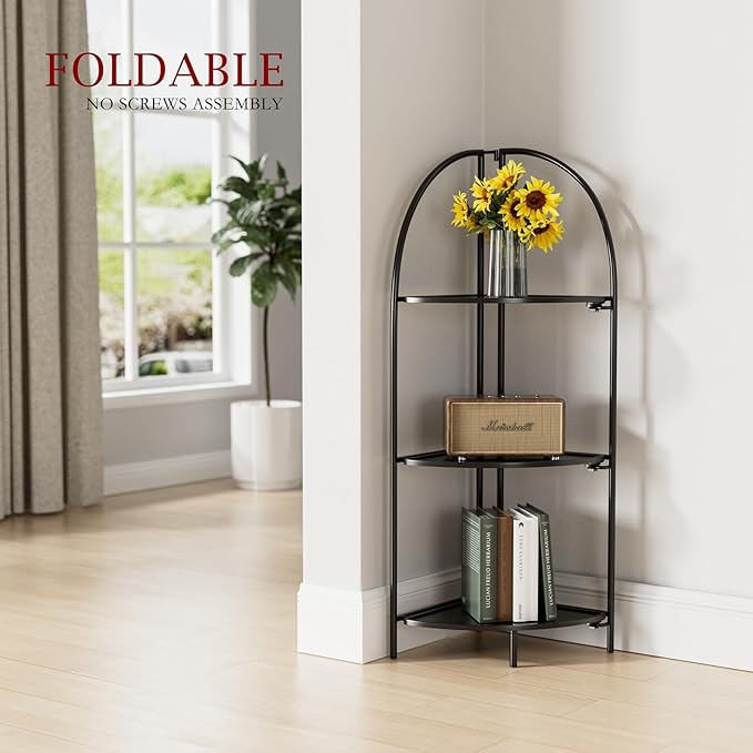 Crofy Foldable 3 Tier Corner Shelf, Metal Corner Plant Stand with Black Frame and Black Shelves, Corner Display Rack Multipurpose Shelving Unit for Living Room, Bedroom, Bathroom