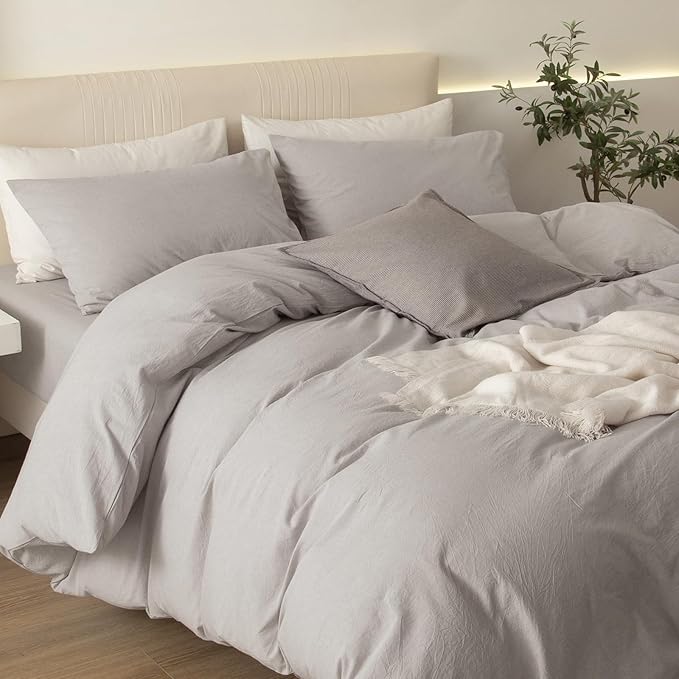 JIYUAN 100% Washed Cotton Duvet Cover Set 3 PCS Super King Plus, 1 Duvet Cover 120"x120" (Comforter Not Included) and 2 Pillowcases,Linen Feel Bedding Set Comfy and Breathable, Heathered Cream Grey