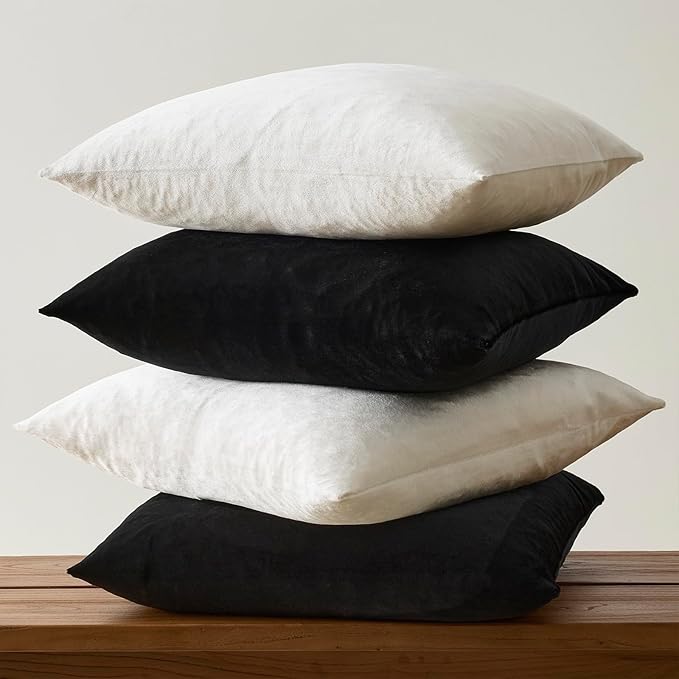GIGIZAZA Pillow Covers 20x20 Set of 4,Black Ivory Velvet Soft Pillow Covers Decorative Square Modern Pillows Cushion Cases for Living Room