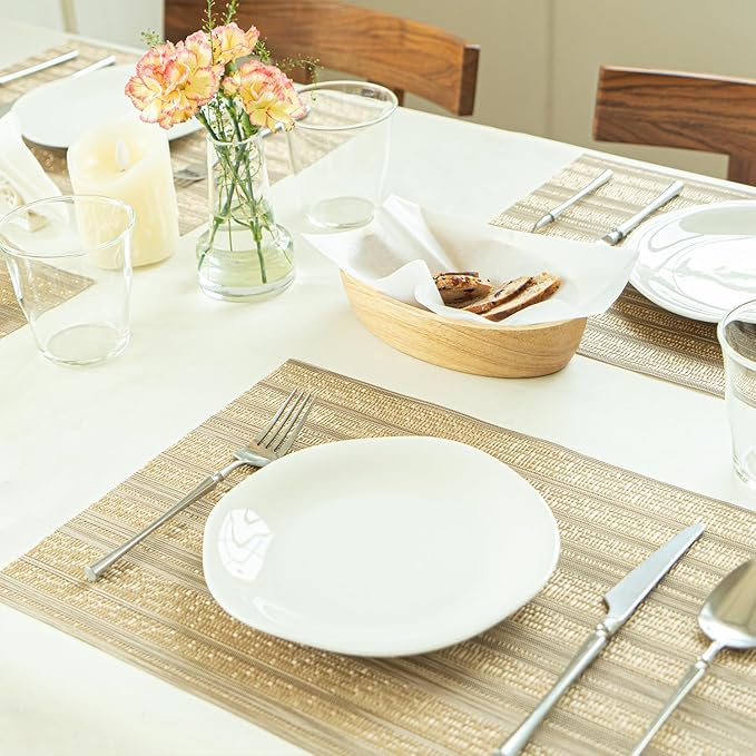 Placemats Set of 4 Vinyl/Plastic Woven Place Mats for Kitchen Table Indoor/Outdoor Washable Placemat Wipeable Dining Table Mats (Aurora Gold,4)