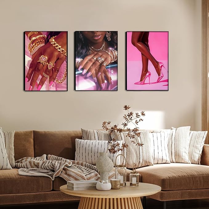 Pink Fashion Black Girl Canvas Wall Art Set of 3 African American Black Woman Posters Wall Decor Fashion Black Woman Pictures Prints for Living Room Bedroom Artwork Home Decoration 16x24Inch Unframed