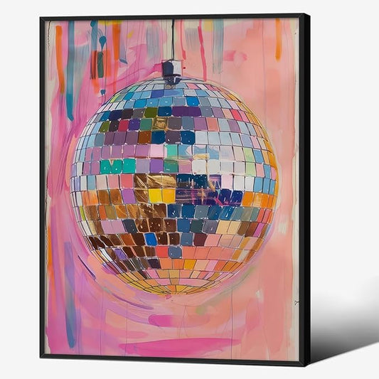 Retro Pink Disco Ball Posters Cool Y2k Aesthetic Canvas Wall Art 08x10 inch Black Framed Fashion Pink and Orange Disco Ball Painting Prints for Girly Wall Decor