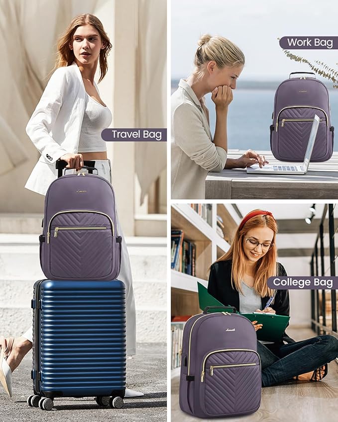 LOVEVOOK Laptop Backpack Purse for Women, Large Capacity Travel Business Computer Work Bag, Quilted Casual Nurse Backpack for Womens, Fit 15.6 Inch Laptop with USB Port, Purple Grey