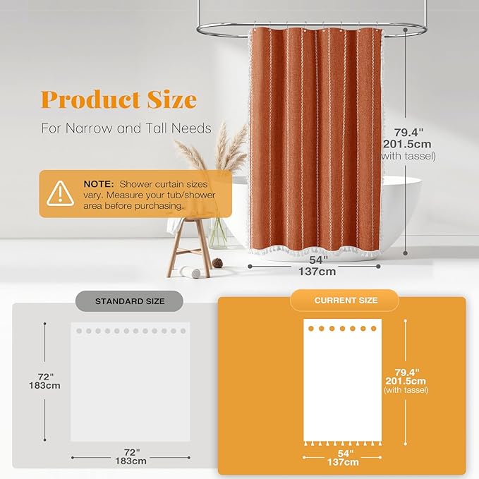 BTTN Stall Fabric Shower Curtain - 54x78 Boho Striped Linen Heavy Duty Tassel Shower Curtain Set with 10 Hook, Narrow Rustic Modern Farmhouse Bohemian Thick Shower Curtains for Bathroom - Burnt Orange