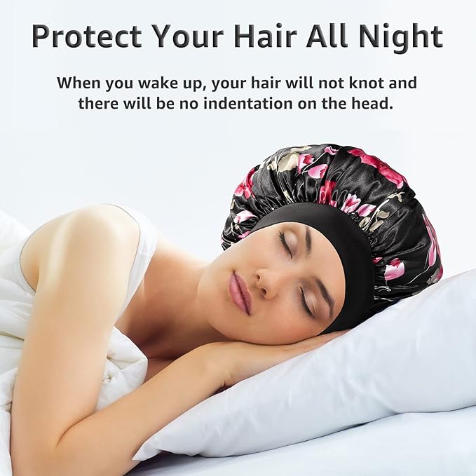 3 Pack Satin Bonnet Silk Hair Bonnet for Sleeping, Sleep Bonnets for Women Large Wide Soft Band Sleep Cap for Curly Hair Braids
