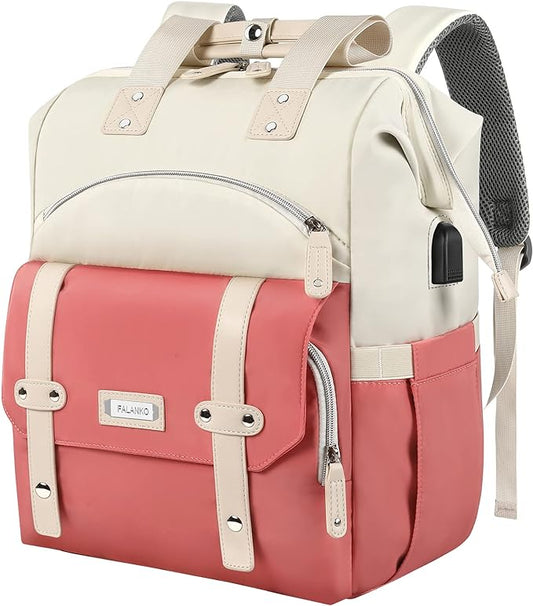 FALANKO Laptop Backpack for Women,Teacher Doctor Nurse Work Purse Bag for 15.6 Inch Laptop, Wide Open backpack With USB Charging Port RFID Pocket, Large, Water Resistant, White-Pink