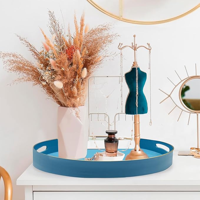 Round Serving Tray with Handles,Elegant Plastic Decorative Tray,Round Ottoman Trays Coffee Table Trays for Living Room,Home Decor 13"