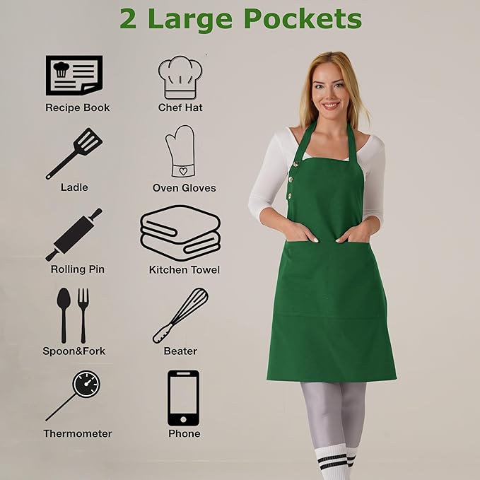 TOSHE Kitchen Apron Waterdrop Resistant Cotton Apron with adjustable Aprons for Women with Pockets 12 Color option Cooking Green Apron (Green)