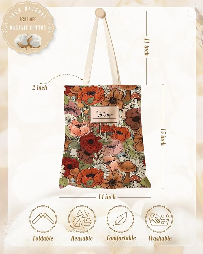 Aesthetic Canvas Tote Bag with Inner Pocket for Women, Cloth Cotton Totes Bag with Pattern for Shopping, Gym