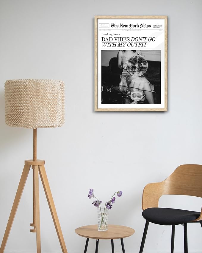 EcoHest Trendy Newspaper Magazine Framed Wall Art, 12x16 in OAK Wood Bad Vibes Don't Go With My Outfit Disco Bar Canvas Wall Art, Preppy Retro Home Decor For Bedroom Living Room 1Pack