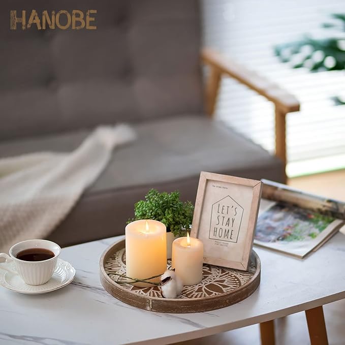 Hanobe Round Decorative Tray for Centerpiece: Boho Coffee Table Trays for Home Decor - Farmhouse Wood Serving Platter Rustic Circle Bohemian for Kitchen Counter Women