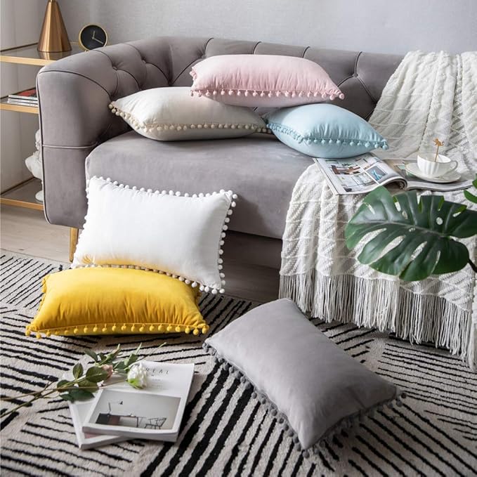 DEZENE Decorative Pillow Cases 12x20 Light-Grey: 2 Pack Cozy Soft Pom-poms Velvet Rectangular Throw Pillow Covers for Farmhouse Home Decor