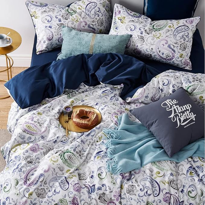 Cupocupa Duvet Cover Set, Queen, Microfiber, White Paisley Pattern, Boho Floral, 3 Pieces