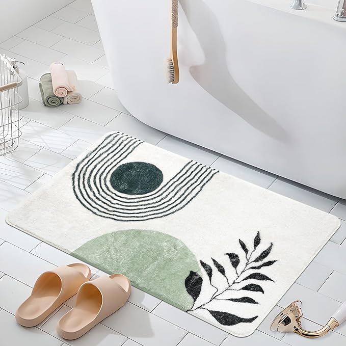 20"X30" Boho Bath Rugs for Bathroom Decor Non-Slip Bath Mat Absorbent Plush Microfiber Soft Carpet Machine Washable Bath Mat for Sink, Showers, Laundry Rooms, Living Room, Green