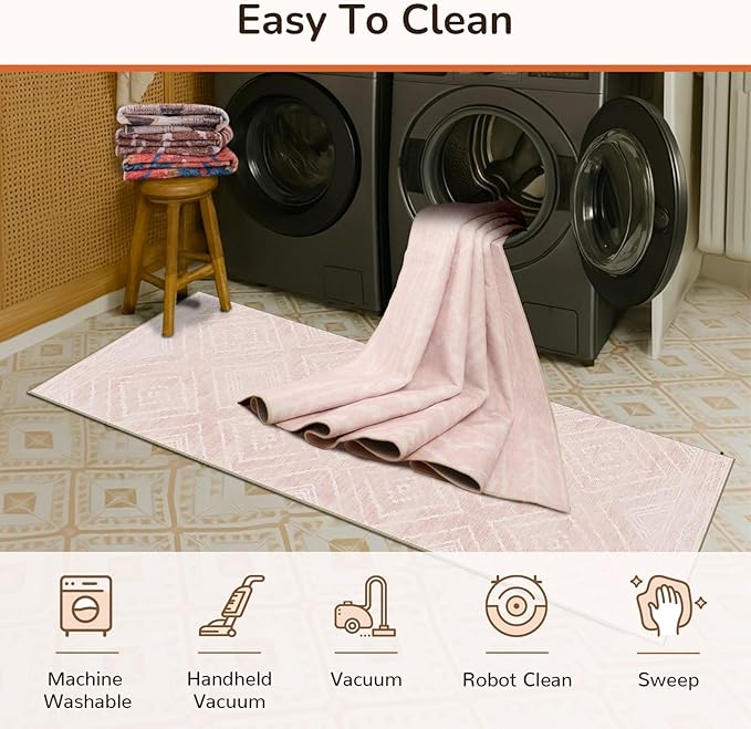 Area Rug 9x12 Rug Machine Washable Non-Slip Low Pile Print Pattern Western Rug for Living Room Bedroom Entryway Tribal Series -Light Pink/Cream