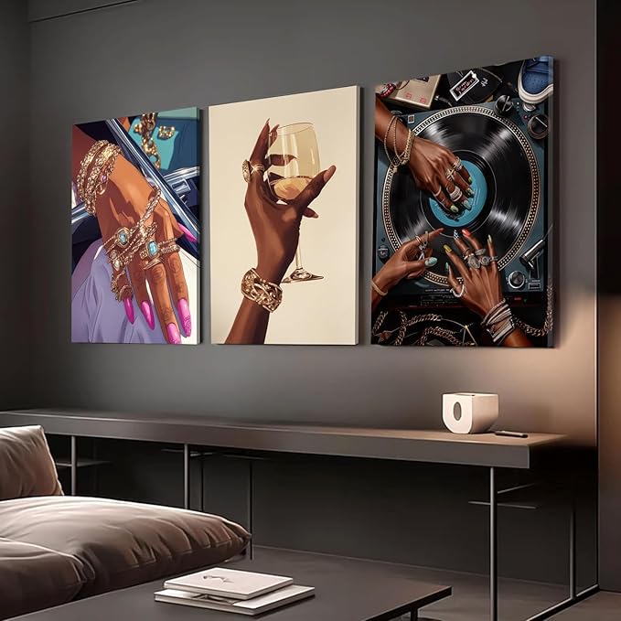 YFvrPt Black Woman Wall Art Set of 3, Trendy African American Women Wall Decor Black Girl Song Lover Canvas Poster Prints Aesthetic Pictures for Bedroom Living Room Framed 12x16 inch