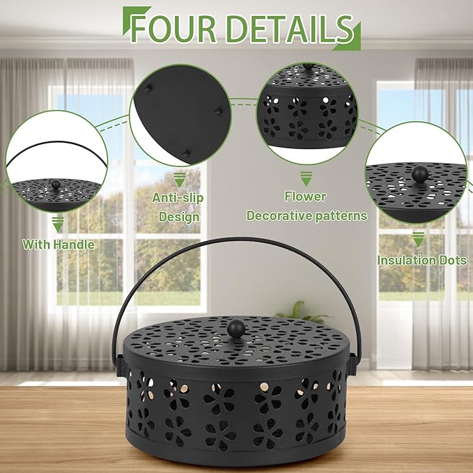 Portable Iron Mosquito Coil Holder with Handle Round Heat-Resistant Incense Holder (Black)