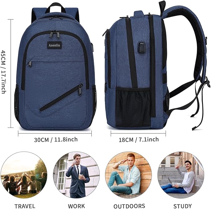 Asenlin Travel Laptop Backpack for Women & Men,Water Resistant Business Slim Sturdy Laptops Backpack with USB Charging Port,Fits 17.3 Inch Notebook College School Computer Bag-Blue