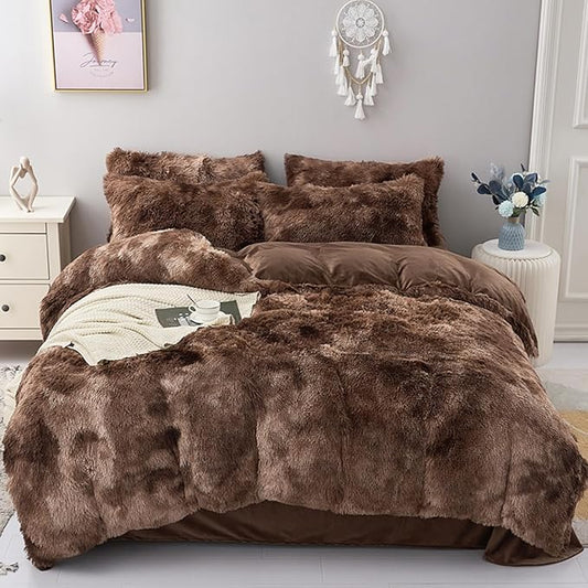 MorroMorn 5 PCS Shaggy Duvet Cover Bedding Set - Fluffy Comforter Cover Long Faux Fur Luxury Ultra Soft Cozy (Marble Brown, Full/Queen)
