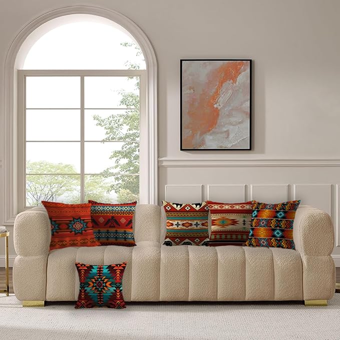 Native American Throw Pillow Covers Set of 6, Western Rustic Burnt Orange Home Decor Outdoor Tribal Ethnic Farmhouse Navajo Decorative Cushion Case 18"X18"