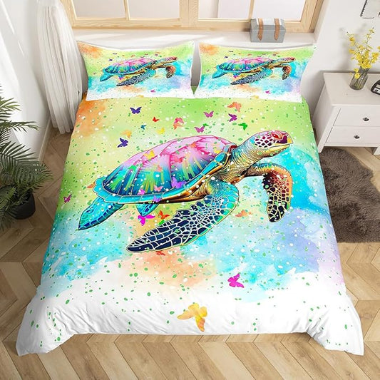 Sea Turtle Duvet Cover Set King Size,Watercolor Tortoise Butterfly Comforter Cover with 2 Pillowcases,Girly Dreaming Style Bedding Set for Adult Young Bedroom Xman Gift