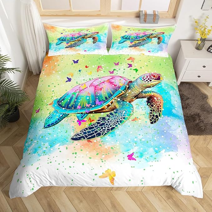 Sea Turtle Duvet Cover Set King Size,Watercolor Tortoise Butterfly Comforter Cover with 2 Pillowcases,Girly Dreaming Style Bedding Set for Adult Young Bedroom Xman Gift