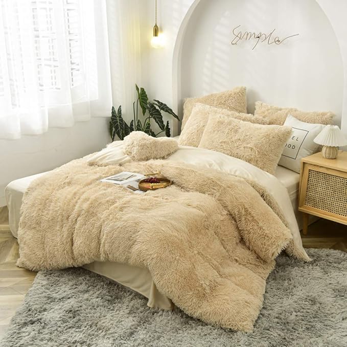 MorroMorn 5 PCS Plush Shaggy Duvet Cover Sets, Luxury Shag Fluffy Comforter Cover Fuzzy Bedding Set - Long Faux Fur Ultra Soft Cozy (Khaki, Full/Queen)