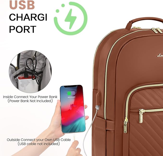 LOVEVOOK Leather Backpacks for Women,15.6 inch Leather Laptop Backpack Women Computer Backpack Laptop Bag,Stylish Quilted Travel Backpack Purse Work Bag College Teacher Backpacks with USB Port,Brown