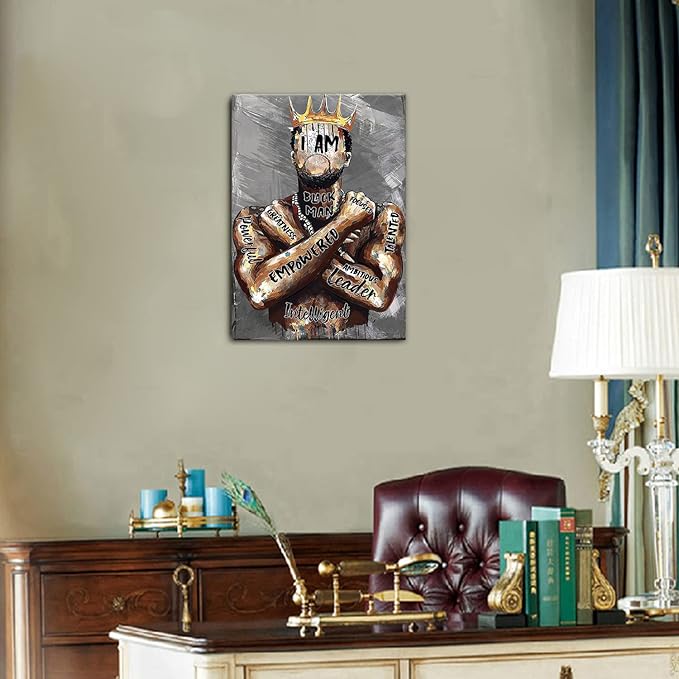 Framed African American Wall Art Inspirational Black Man Men Portrait Wall Art Afro King Poster Abstract Motivational Quotes Canvas Prints Painting Home Decor for Bedroom Living Room Gift for Black