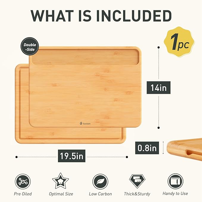 Extra Large Bamboo Board Charcuterie Wooden Cutting Chopping Board Butcher Block Nice Solid Thick Juice Groove Big Xl XXl xlarge Hardwood Kitchen Counter Organic Meat BBQ Kit(19.5" x 14" x 0.8")