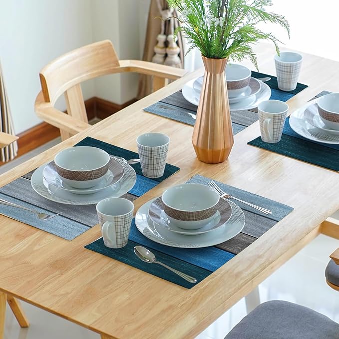Giwawa Rustic Wood Placemats Set of 4- Navy Blue Grey Wooden Board Linen Place Mat 12x18 Inch- Farmhouse Country Style Washable Heat Resistant Table Mats for Kitchen Dining Cabin Decor