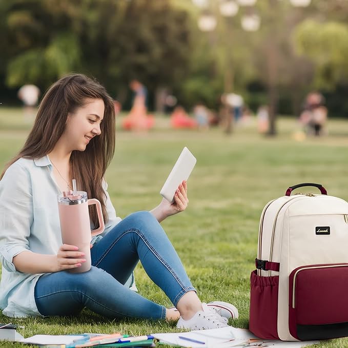 LOVEVOOK Laptop Backpack for Women with Pouch Pocket for Large Capacity Cup,17 Inch Teacher Nurse College Work Backpack Purse,Waterproof Laptop Bag Computer Back Pack for Travel, Beige-Red-Black