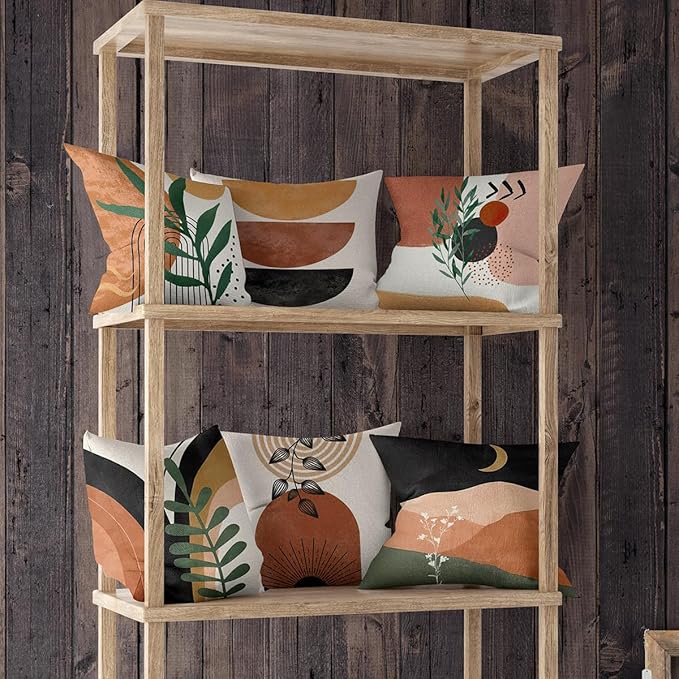 Boho Mid Century Modern Throw Pillow Covers Set of 6, Sun Moon Arch Leaves Abstract Home Decor Farmhouse Decorative Cushion Covers 18"X18"
