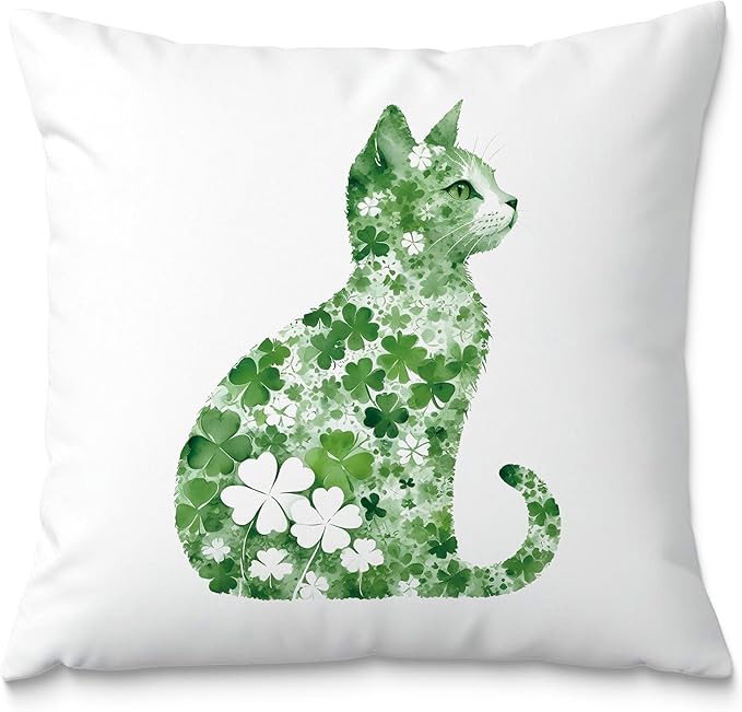 St Patrick's Day Cat Pillow Covers 18x18, Four Leaf Clover St Patrick's Day Pillow Covers, Lucky Shamrock St Patricks Day Cat Room Decor, St Patrick's Day Decorations for Sofa Bed Living Room