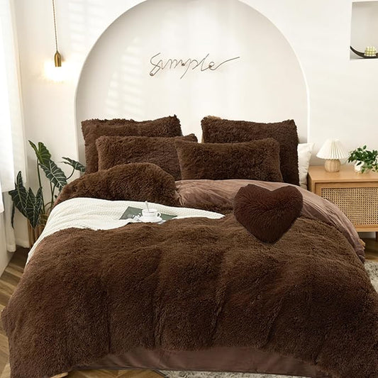 MorroMorn 5 PCS Plush Shaggy Duvet Cover Sets, Luxury Shag Fluffy Comforter Cover Fuzzy Bedding Set - Long Faux Fur Ultra Soft Cozy (Brown, Full/Queen)