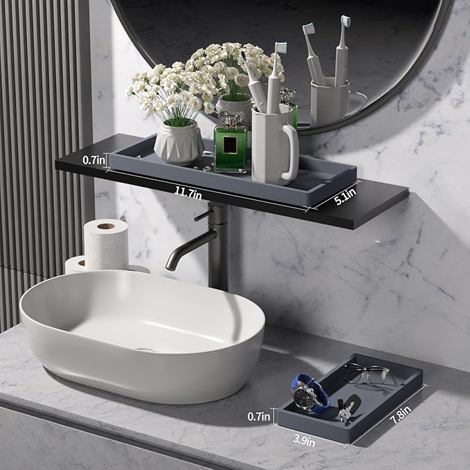 BBK Bathroom Vanity Tray- 2 Pack (7.8" and 11.8") Silicone Bathroom Tray for Counter, Perfume Key Trinket Ring Tray, Decor Soap Dispenser Countertop Tray for Kitchen Sink Organization.(Gray)