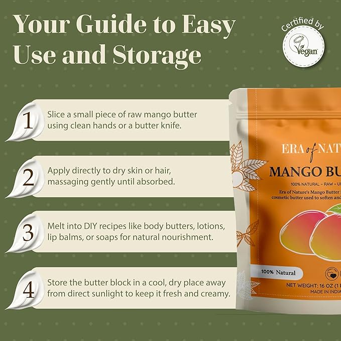 era of nature Organic Unrefined Raw Mango Body Butter Block 16oz - Moisturizing Mango Seed Raw Butter Bar for Skin & Hair, DIY Lip Balm Base, Cream, Soap & Lotion Making Supplies, Personal Skincare