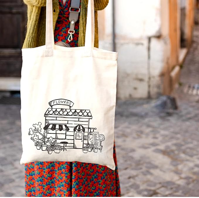 Aesthetic Tote Bag Vintage Street House Building Tote Bag Cute Cotton Canvas Bag for Women Gift Bag Reusable Grocery Bag Shopping Beach Shoulder Bag