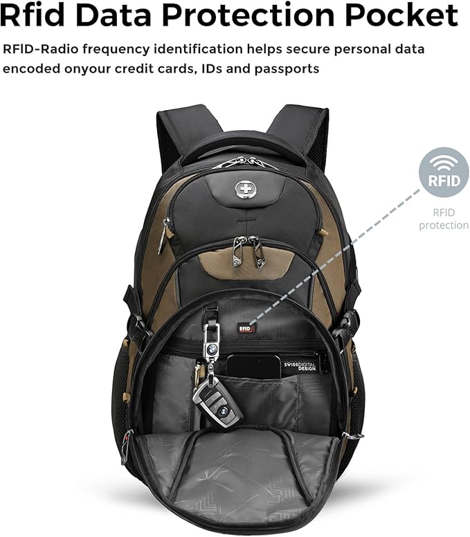 Swissdigital Design Laptop Backpack with USB Charging Port, Travel Backpack Fits 15.6 inches Computer, 31L College School Backpack for Men, Tan/Black | SD803