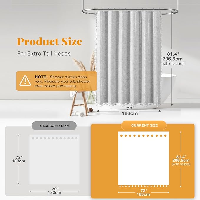 BTTN 80 Inch Long Shower Curtain - 72x80 Boho Chic Farmhouse Linen Thick Striped Fabric Shower Curtain Set with Plastic Hooks, Tall Rustic Country Luxury Cloth Shower Curtains for Bathroom - Grey