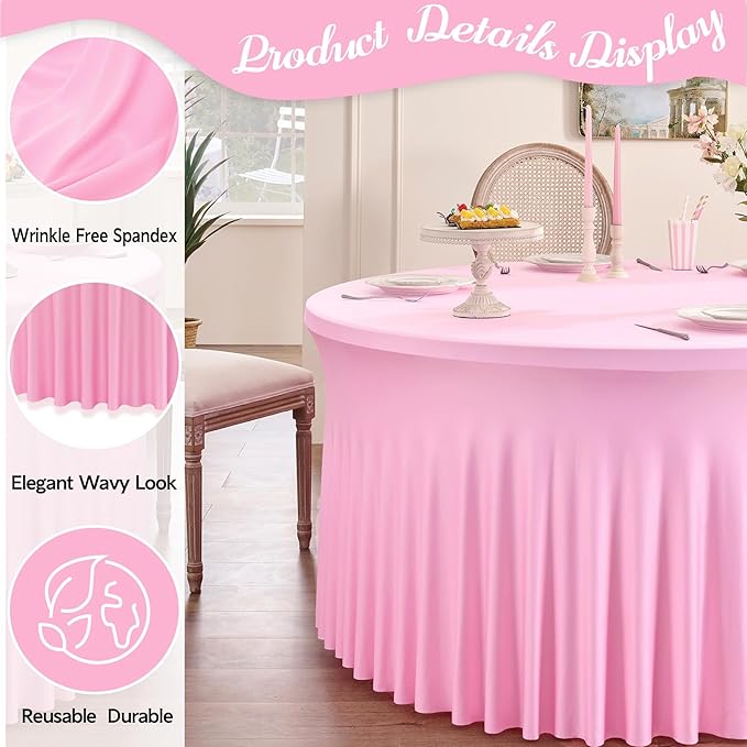 Outpain 6 Pack Pink 72inch Spandex Round Tablecloths, Stretchy 132inch Fitted 6FT Round Table Cloths, Wrinkle Free Table Cover with Skirt for Wedding Party Dining Banquet