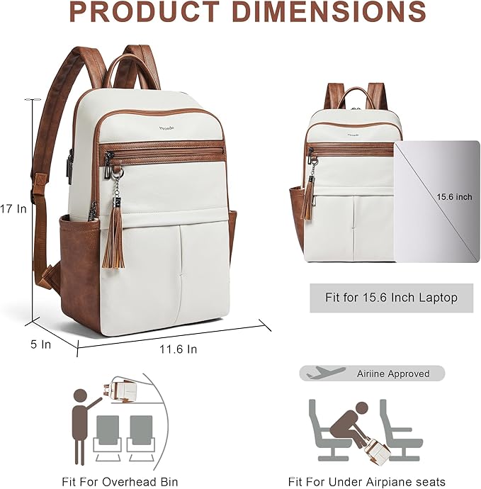 Leather Laptop Backpack for Women, 15.6" Causal Daypack Backpacks Purse Computer Backpack with Laptop Compartment for Travel Work College Business, Beige Brown