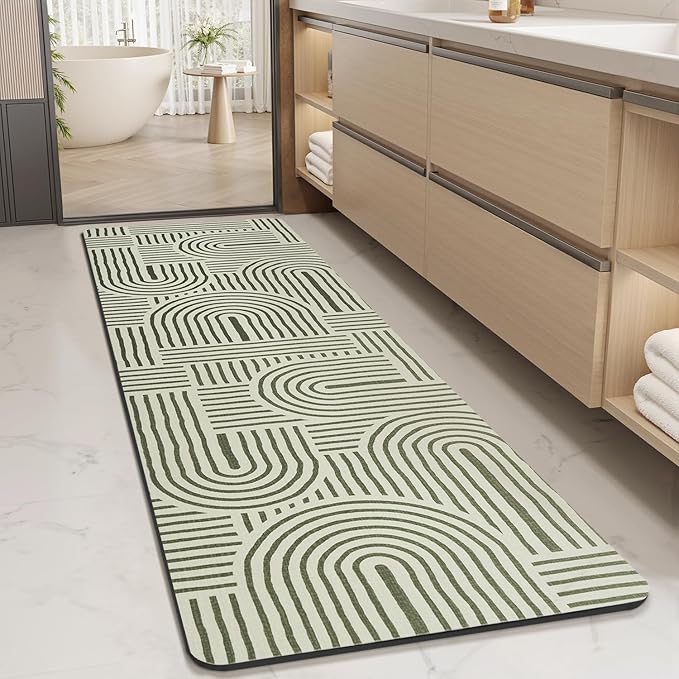MontVoo -Bath Mat-Non Slip Thin Bathroom Rugs Fit Under Door- Quick Dry Absorbent Faux Suede Surface Grey Bathroom Floor Mats-Shower Rug for in Front of Bathtub Shower Ivory & Green Arched 17x59